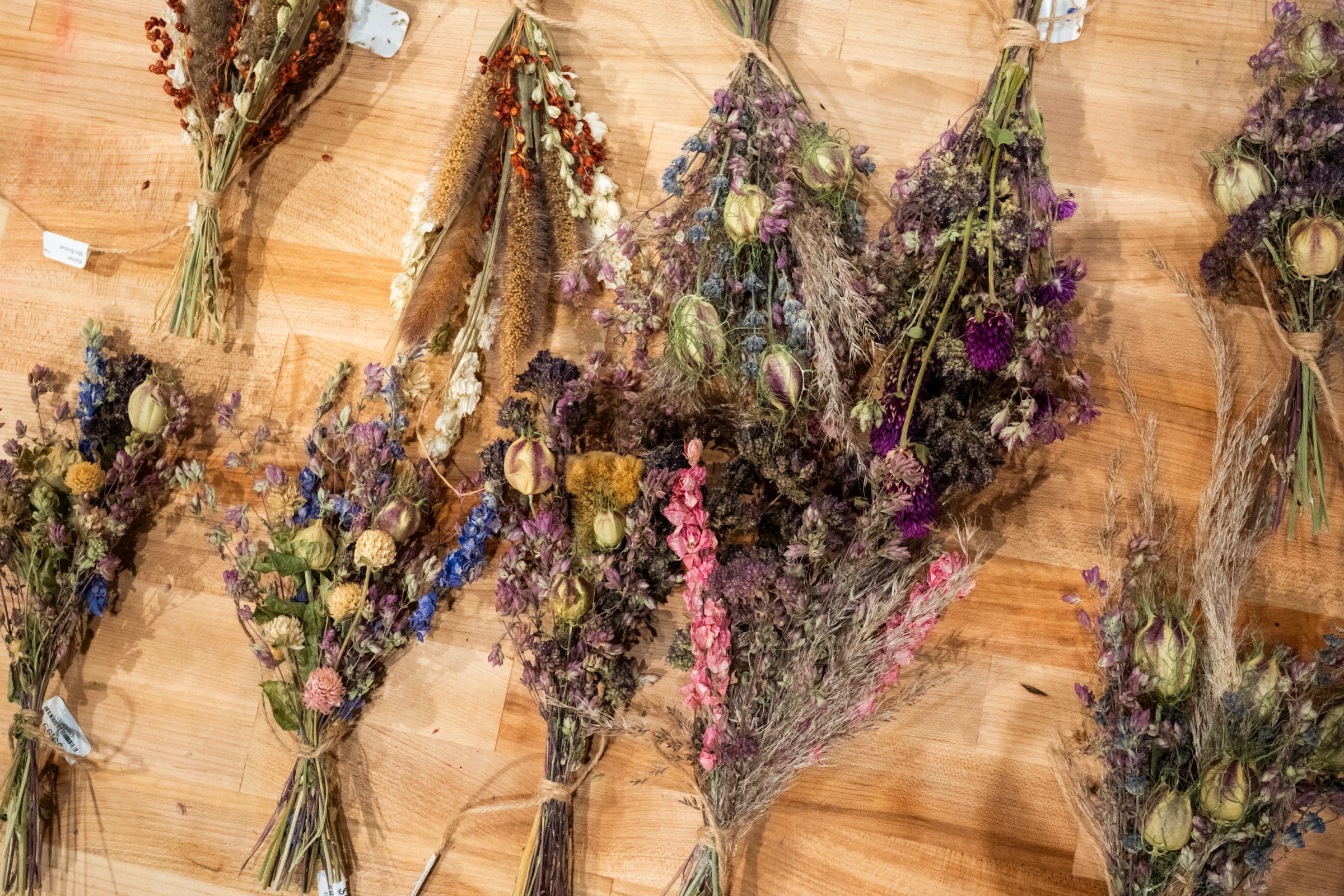 Flowers on a wooden table.