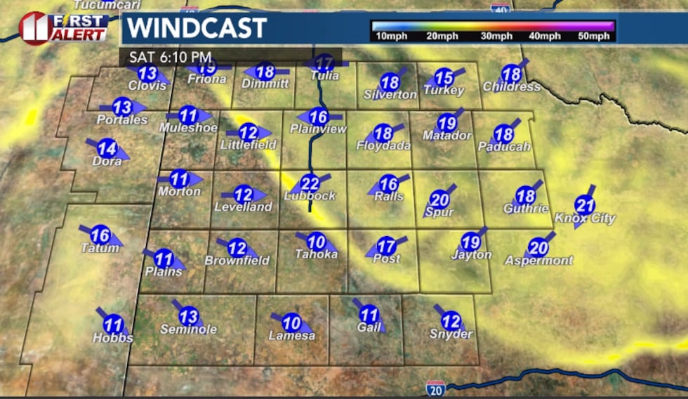 Computer model projection of wind speed Saturday