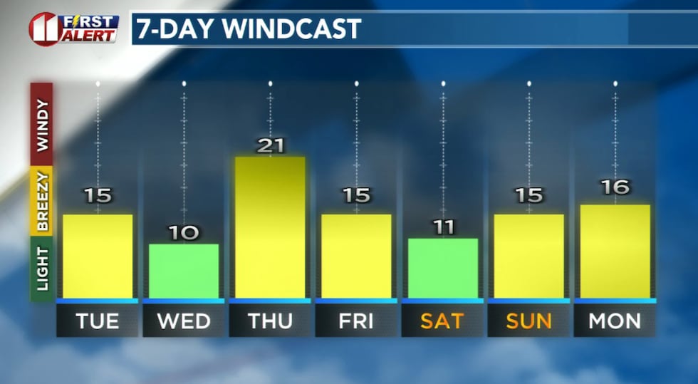Forecast peak sustained winds are shown in this graph. Peak gusts will exceed the values shown...