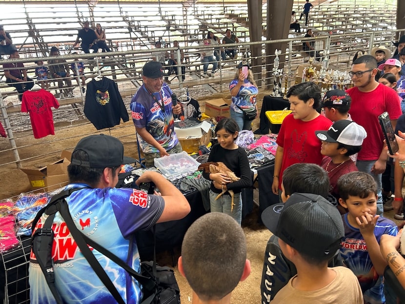 Angelina Lopez, 9, center, poses with a chicken she won in a raffle at El Gallo Show...