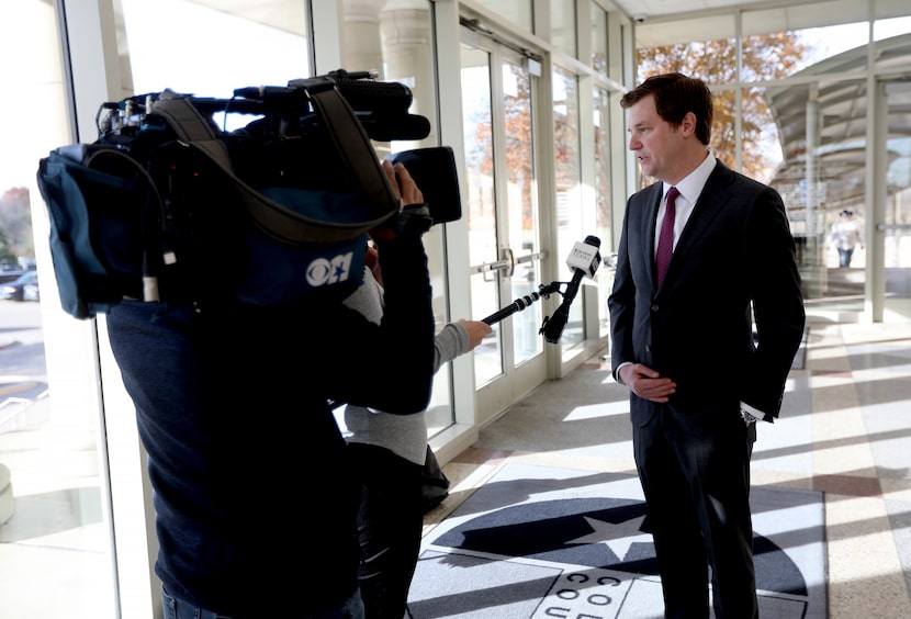 Attorney Tyler Bexley, who represents the media coalition, is interviewed after a hearing at...