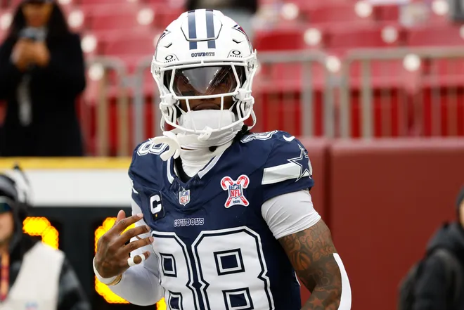 Dec 25, 2025; Landover, Maryland, USA; Dallas Cowboys wide receiver Ceedee Lamb (88) runs onto the field prior to the game against the Washington Commanders at Northwest Stadium. Mandatory Credit: Amber Searls-Imagn Images