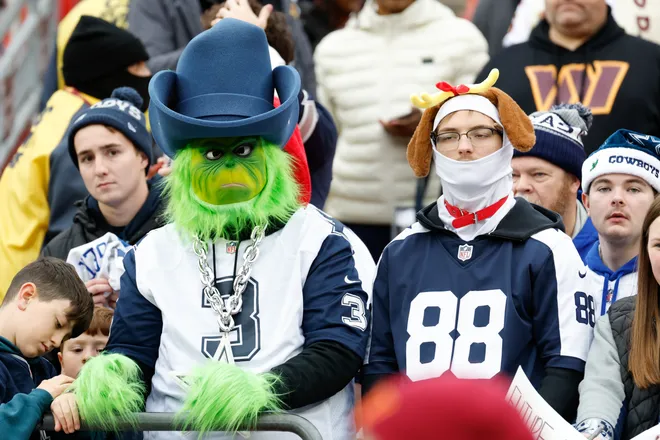 Dec 25, 2025; Landover, Maryland, USA; Dallas Cowboys fans look on during warmups before the game against the Washington Commanders at Northwest Stadium. Mandatory Credit: Amber Searls-Imagn Images