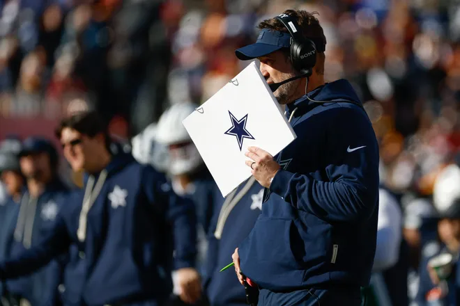 Dec 25, 2025; Landover, Maryland, USA; Dallas Cowboys head coach Brian Schottenheimer looks on in the first half against the Washington Commanders at Northwest Stadium. Mandatory Credit: Amber Searls-Imagn Images