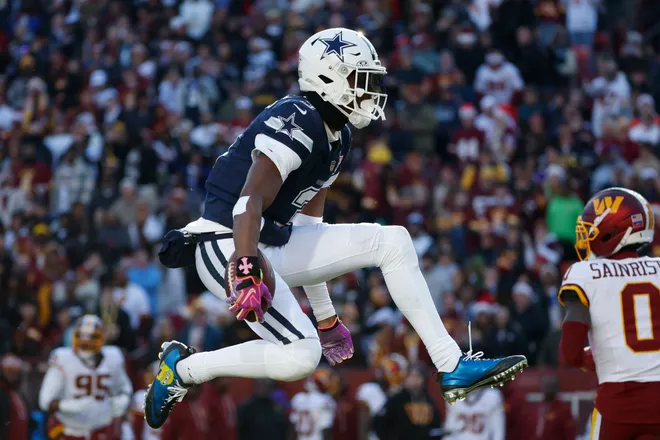 Dec 25, 2025; Landover, Maryland, USA; Dallas Cowboys wide receiver George Pickens (3) celebrates after a play against the Washington Commanders during the first half at Northwest Stadium. Mandatory Credit: Amber Searls-Imagn Images