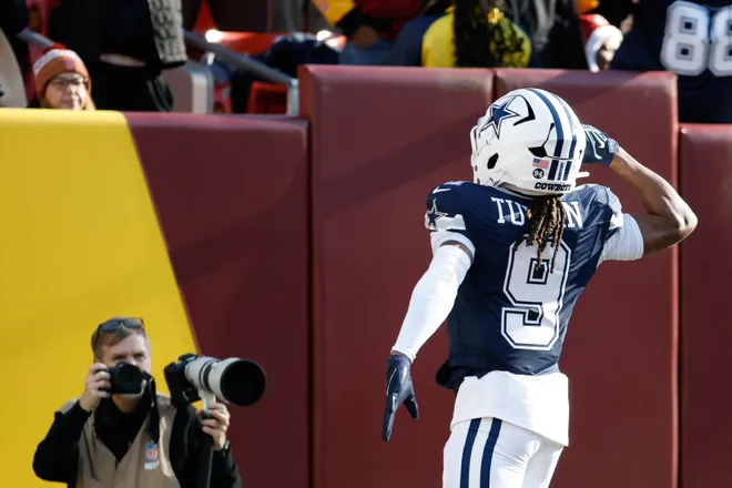 Dec 25, 2025; Landover, Maryland, USA; Dallas Cowboys wide receiver Kavontae Turpin (9) celebrates after scoring a touchdown against the Washington Commanders in the second quarter at Northwest Stadium. Mandatory Credit: Amber Searls-Imagn Images