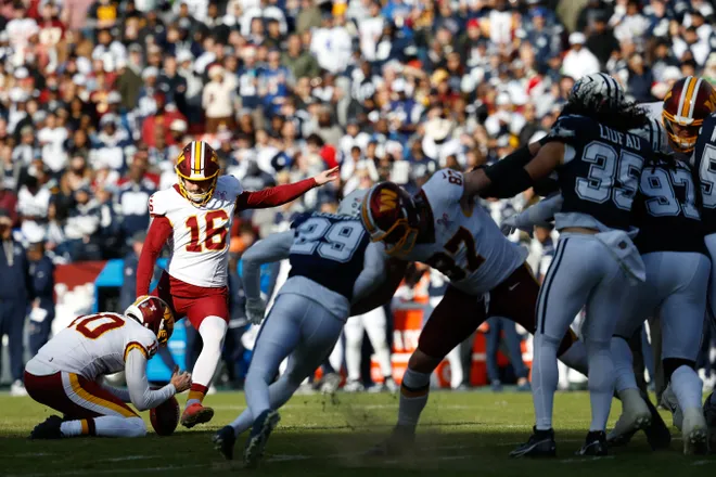 Dec 25, 2025; Landover, Maryland, USA; Washington Commanders place kicker Jake Moody (16) kicks a field goal against the Dallas Cowboys in the first quarter at Northwest Stadium. Mandatory Credit: Geoff Burke-Imagn Images