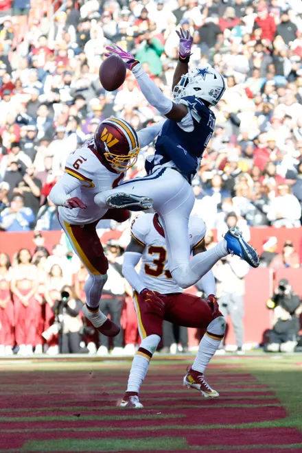 Dec 25, 2025; Landover, Maryland, USA; Washington Commanders cornerback Noah Igbinoghene (6) breaks up a touchdown pass intended for Dallas Cowboys wide receiver George Pickens (3) in the second quarter at Northwest Stadium. Mandatory Credit: Geoff Burke-Imagn Images