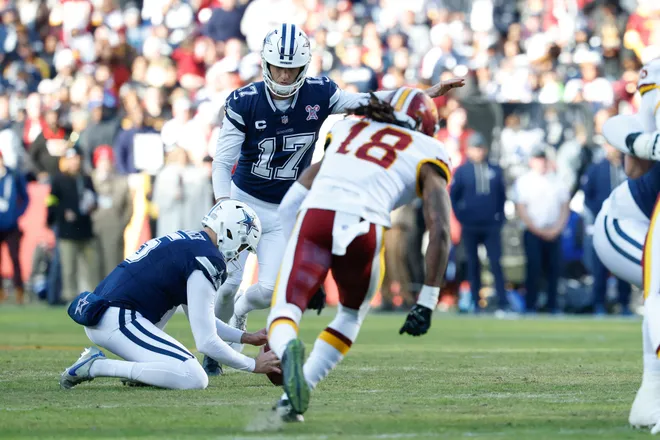 Dec 25, 2025; Landover, Maryland, USA; Dallas Cowboys place kicker Brandon Aubrey (17) kicks a field goal against the Washington Commanders in the second quarter at Northwest Stadium. Mandatory Credit: Geoff Burke-Imagn Images