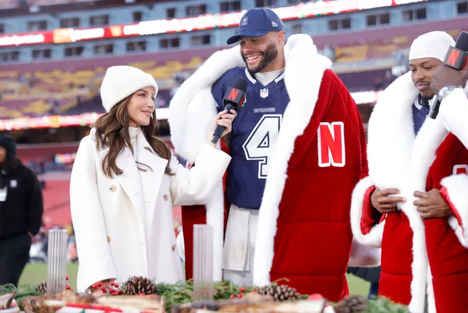 Dec 25, 2025; Landover, Maryland, USA; Dallas Cowboys quarterback Dak Prescott (4) is interviewed by Kay Adams after the game against the Washington Commanders at Northwest Stadium. Mandatory Credit: Amber Searls-Imagn Images