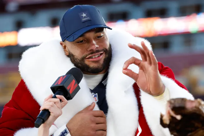Dec 25, 2025; Landover, Maryland, USA; Dallas Cowboys quarterback Dak Prescott (4) is interviewed after defeating the Washington Commanders at Northwest Stadium. Mandatory Credit: Amber Searls-Imagn Images