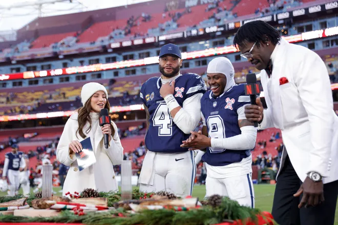 Dec 25, 2025; Landover, Maryland, USA; Dallas Cowboys quarterback Dak Prescott (4) and wide receiver Kavontae Turpin (9) are interviewed by Kay Adams and Michael Irvin after the game against the Washington Commanders at Northwest Stadium. Mandatory Credit: Amber Searls-Imagn Images