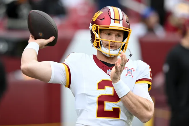 LANDOVER, MARYLAND - DECEMBER 25: Jeff Driskel #2 of the Washington Commanders warms up prior to a game against the Dallas Cowboys at Northwest Stadium on December 25, 2025 in Landover, Maryland. (Photo by Greg Fiume/Getty Images)