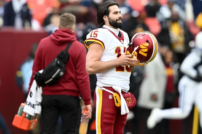 LANDOVER, MARYLAND - DECEMBER 25: Sam Hartman #15 of the Washington Commanders looks on prior to a game against the Dallas Cowboys at Northwest Stadium on December 25, 2025 in Landover, Maryland. (Photo by Greg Fiume/Getty Images)