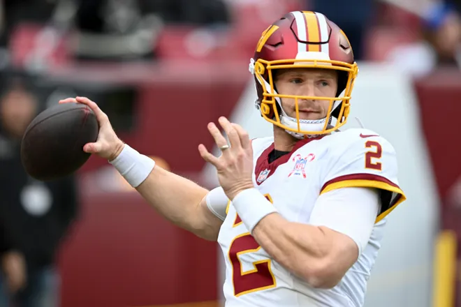 LANDOVER, MARYLAND - DECEMBER 25: Jeff Driskel #2 of the Washington Commanders warms up prior to a game against the Dallas Cowboys at Northwest Stadium on December 25, 2025 in Landover, Maryland. (Photo by Greg Fiume/Getty Images)