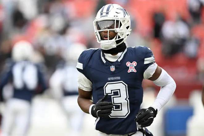 LANDOVER, MARYLAND - DECEMBER 25: George Pickens #3 of the Dallas Cowboys warms up prior to a game against the Washington Commanders at Northwest Stadium on December 25, 2025 in Landover, Maryland. (Photo by Greg Fiume/Getty Images)