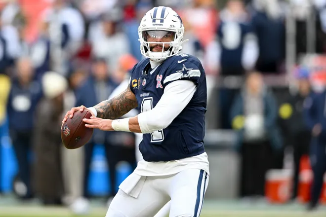 LANDOVER, MARYLAND - DECEMBER 25: Dak Prescott #4 of the Dallas Cowboys warms up prior to a game against the Washington Commanders at Northwest Stadium on December 25, 2025 in Landover, Maryland. (Photo by Greg Fiume/Getty Images)