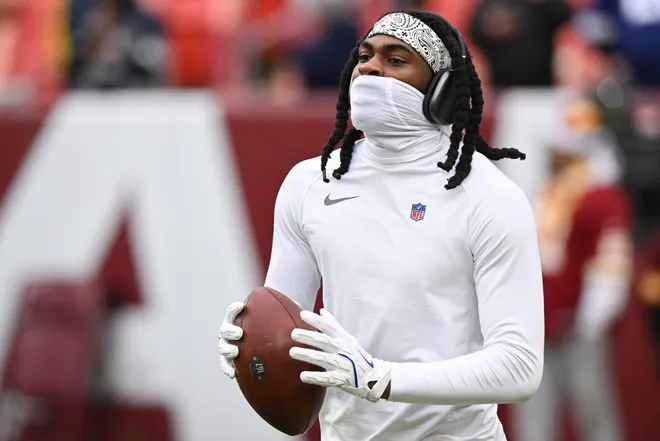 LANDOVER, MARYLAND - DECEMBER 25: Trevon Diggs #7 of the Dallas Cowboys looks on prior to a game against the Washington Commanders at Northwest Stadium on December 25, 2025 in Landover, Maryland. (Photo by Greg Fiume/Getty Images)
