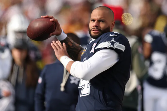 LANDOVER, MARYLAND - DECEMBER 25: Dak Prescott #4 of the Dallas Cowboys warms up prior to a game against the Washington Commanders at Northwest Stadium on December 25, 2025 in Landover, Maryland. (Photo by Scott Taetsch/Getty Images)