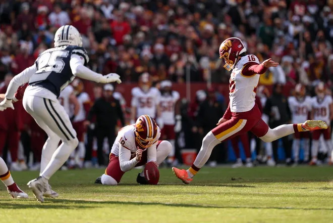 LANDOVER, MARYLAND - DECEMBER 25: Jake Moody #16 of the Washington Commanders kicks a field goal against the Dallas Cowboys in the first quarter of a game at Northwest Stadium on December 25, 2025 in Landover, Maryland. (Photo by Scott Taetsch/Getty Images)