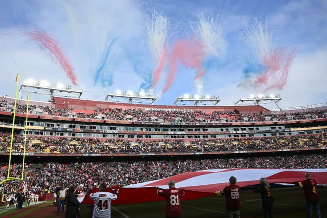 LANDOVER, MARYLAND - DECEMBER 25: Fireworks go off prior to a game between the Dallas Cowboys and the Washington Commanders at Northwest Stadium on December 25, 2025 in Landover, Maryland. (Photo by Greg Fiume/Getty Images)