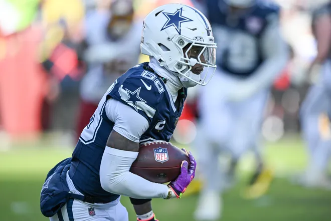 LANDOVER, MARYLAND - DECEMBER 25: Ceedee Lamb #88 of the Dallas Cowboys runs after a catch against the Washington Commanders in the second quarter of a game at Northwest Stadium on December 25, 2025 in Landover, Maryland. (Photo by Greg Fiume/Getty Images)