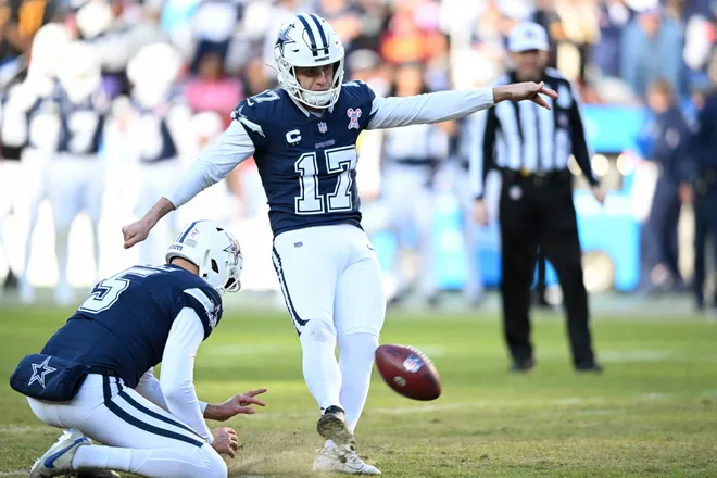 LANDOVER, MARYLAND - DECEMBER 25: Brandon Aubrey #17 of the Dallas Cowboys kicks a field goal against the Washington Commanders in the second quarter of a game at Northwest Stadium on December 25, 2025 in Landover, Maryland. (Photo by Greg Fiume/Getty Images)
