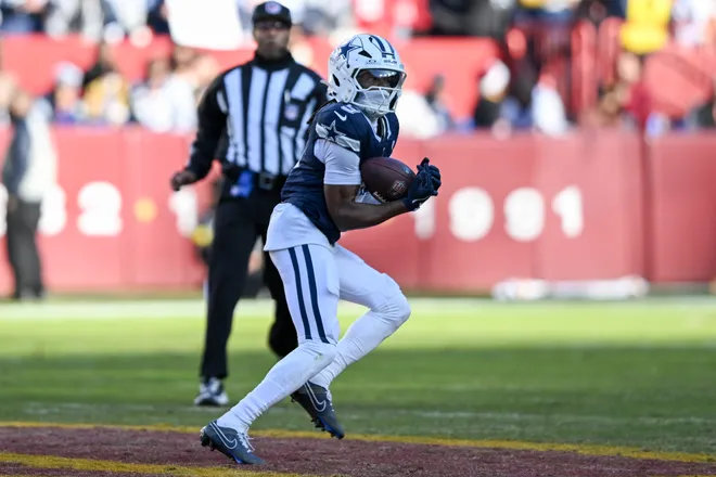 LANDOVER, MARYLAND - DECEMBER 25: Kavontae Turpin #9 of the Dallas Cowboys catches a pass against the Washington Commanders in the second quarter of a game at Northwest Stadium on December 25, 2025 in Landover, Maryland. (Photo by Greg Fiume/Getty Images)