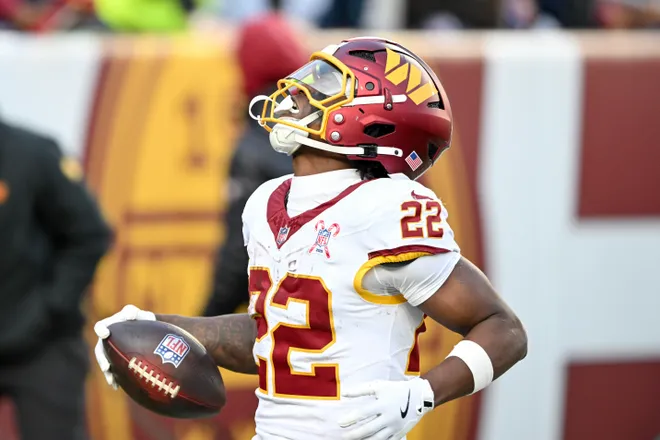 LANDOVER, MARYLAND - DECEMBER 25: Jacory Croskey-Merritt #22 of the Washington Commanders celebrates after his rushing touchdown against the Dallas Cowboys in the third quarter of a game at Northwest Stadium on December 25, 2025 in Landover, Maryland. (Photo by Greg Fiume/Getty Images)