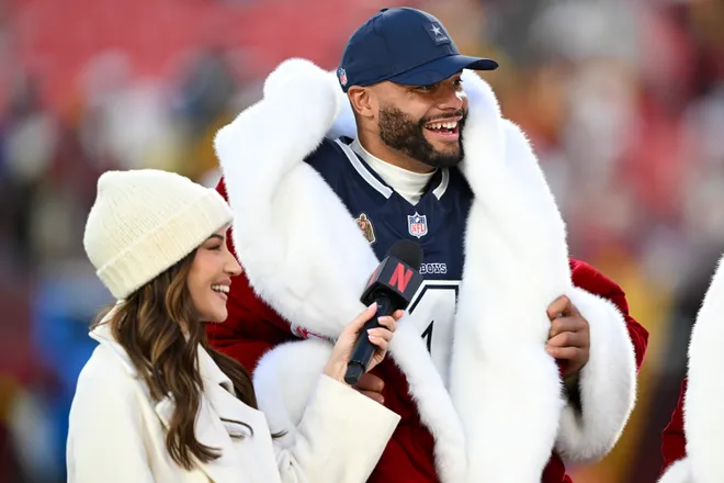 LANDOVER, MARYLAND - DECEMBER 25: Dak Prescott #4 of the Dallas Cowboys talks to media after his team's 30-23 victory against the Washington Commanders at Northwest Stadium on December 25, 2025 in Landover, Maryland. (Photo by Greg Fiume/Getty Images)