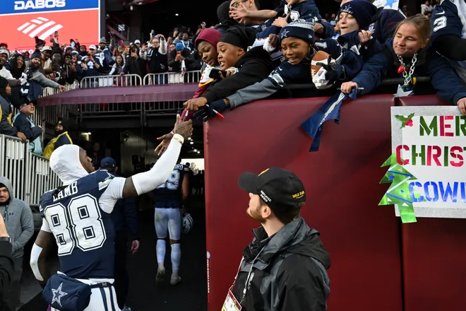 LANDOVER, MARYLAND - DECEMBER 25: Ceedee Lamb #88 of the Dallas Cowboys waves to fans after his team's 30-23 victory against the Washington Commanders at Northwest Stadium on December 25, 2025 in Landover, Maryland. (Photo by Greg Fiume/Getty Images)
