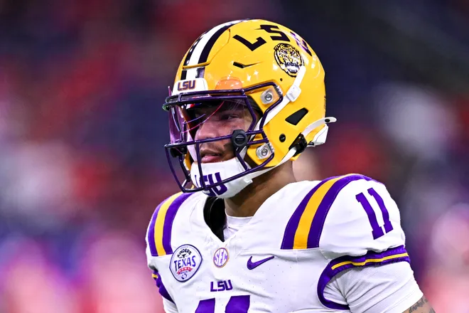 Dec 27, 2025; Houston, TX, USA; Louisiana State Tigers quarterback Michael van Buren Jr. (11) looks on prior to the game against the Houston Cougars at NRG Stadium. Mandatory Credit: Maria Lysaker-Imagn Images