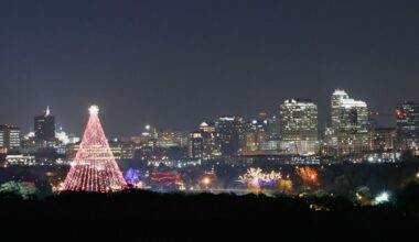 A huge holiday tree of lights in Ziilker Park is seen in the foreground, with the skyline's lights in the background, Thursday, Dec. 14, 2006, in Austin, Texas. (AP Photo/Harry Cabluck)