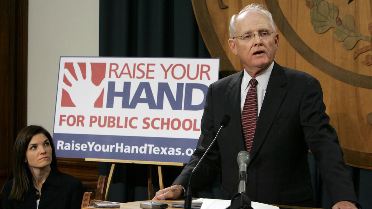 Former Texas Republican Lt. Gov. Bill Ratliff, right, speaks as Susan Kellner, state school board member from Spring Branch Independent School District, looks on during a news conference at the Capitol in Austin, Tuesday, Feb. 13, 2007. Ratliff announced the formation of a news public education advocacy group named Raise Your Hand. (AP Photo/LM Otero)