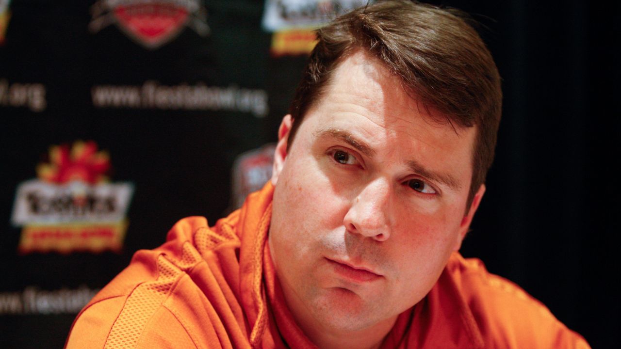 Texas defensive coordinator Will Muschamp speaks to the media during a press conference Thursday, Jan. 1, 2009 in Scottsdale, Ariz. Ohio State will face Texas in the Fiesta Bowl on Jan. 5. (AP Photo/Aaron J. Latham)