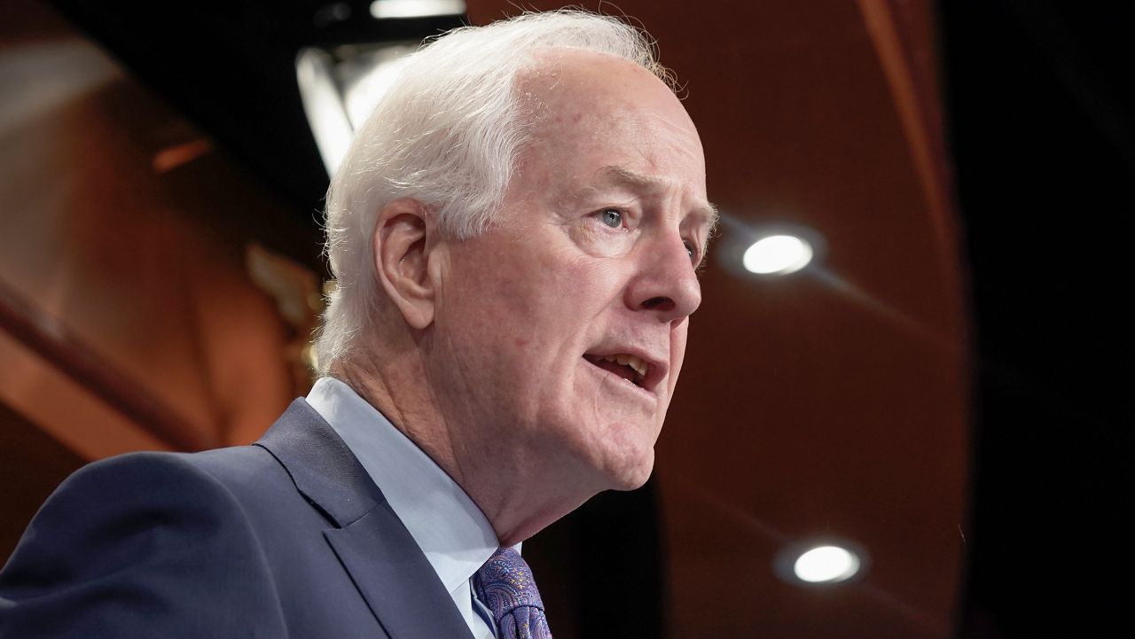 Sen. John Cornyn, R-Texas, speaks to the media during a press conference on the border, Wednesday, Sept. 27, 2023, on Capitol Hill in Washington. (AP Photo/Mariam Zuhaib)