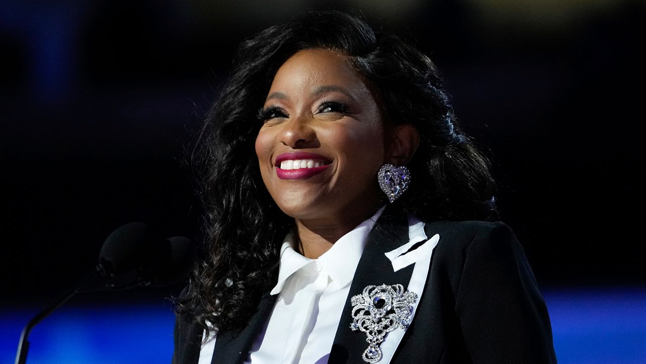 Rep. Jasmine Crockett, D-Texas, speaks during the Democratic National Convention Monday, Aug. 19, 2024, in Chicago. (AP Photo/Paul Sancya)