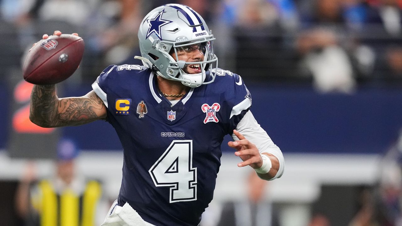 Dallas Cowboys quarterback Dak Prescott (4) prepares to pass during the first half of an NFL football game against the Los Angeles Chargers, Sunday, Dec. 21, 2025, in Arlington, Texas. (AP Photo/Julio Cortez)