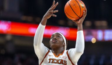 Texas center Kyla Oldacre (00) goes up to score against Southeastern Louisiana during the second half of an NCAA college basketball game Sunday, Dec. 28, 2025, in Austin, Texas. (AP Photo/Stephen Spillman)