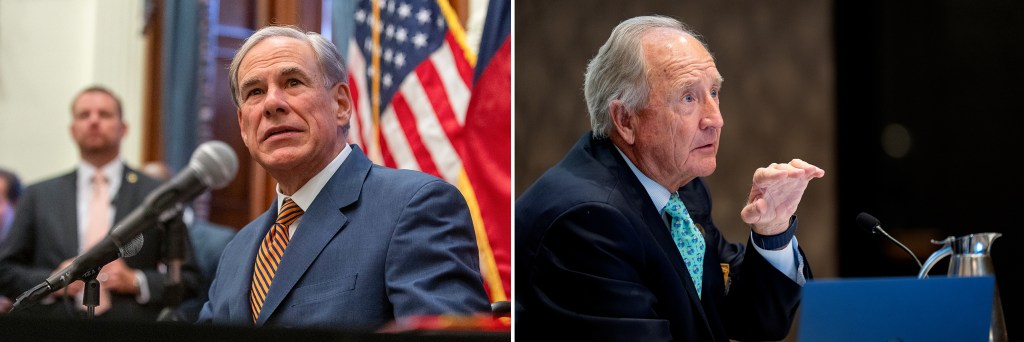 Texas Gov. Greg Abbott and A&M Regents Chair Robert Albritton. Camilo Diaz and Courtney Sacco for The Texas Tribune