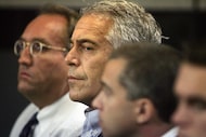 FILE - In this July 30, 2008, file photo, Jeffrey Epstein, center, appears in court in West...