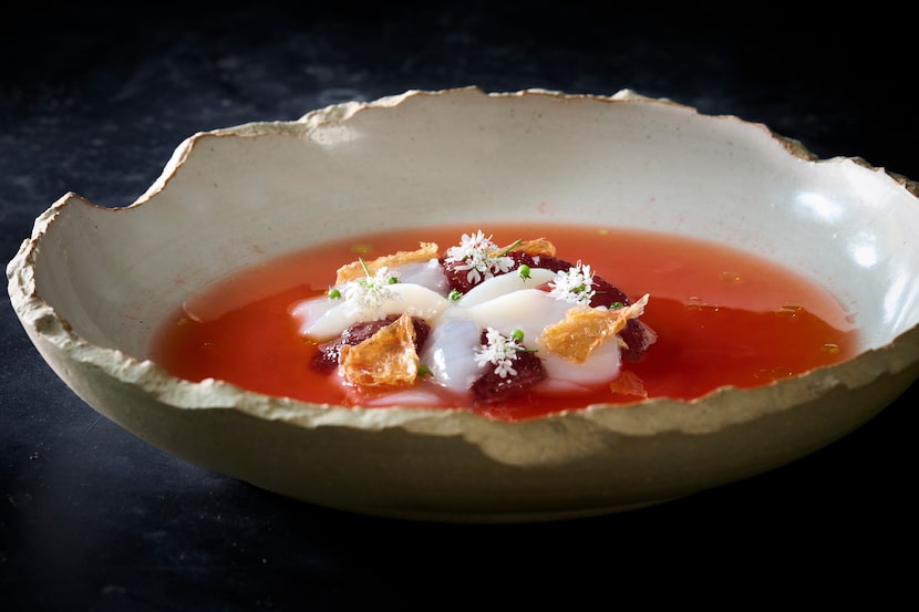 Dishes from Molino Olōyō's pop-ups have included scallop aguachile with strawberry and red...