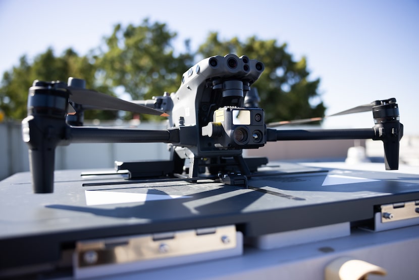A drone used by the Arlington Police Department's Aviation Unit sits on the dock nest for a...
