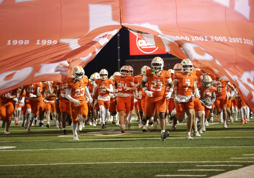 The Celina team prepares to start the third quarter during a Celina High School football...