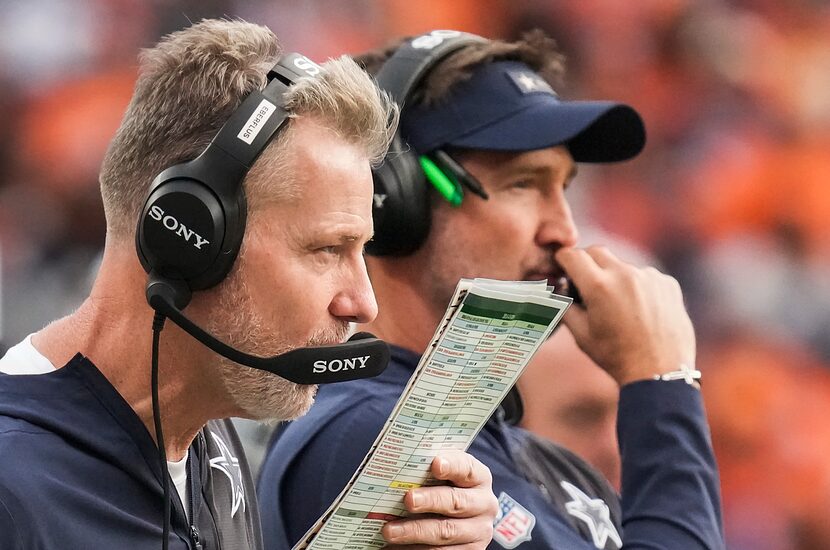Dallas Cowboys defensive coordinator Matt Eberflus (left) and head coach Brian...