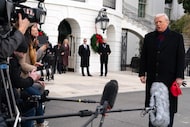 President Donald Trump talked to reporters as he departed from the South Lawn of the White...