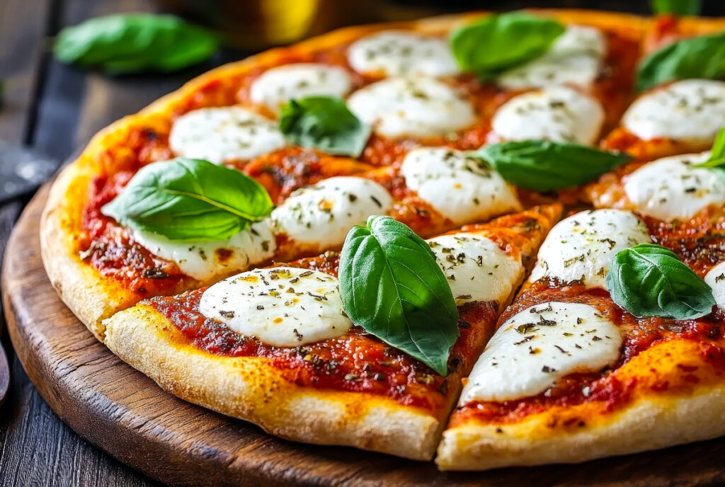 Image shows a thin-crust pizza with mozzarella dollops and green garnish.