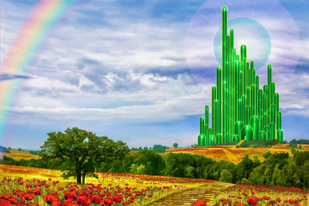Illustration shows a depiction of the Emerald City with a rainbow in the sky and field in front.