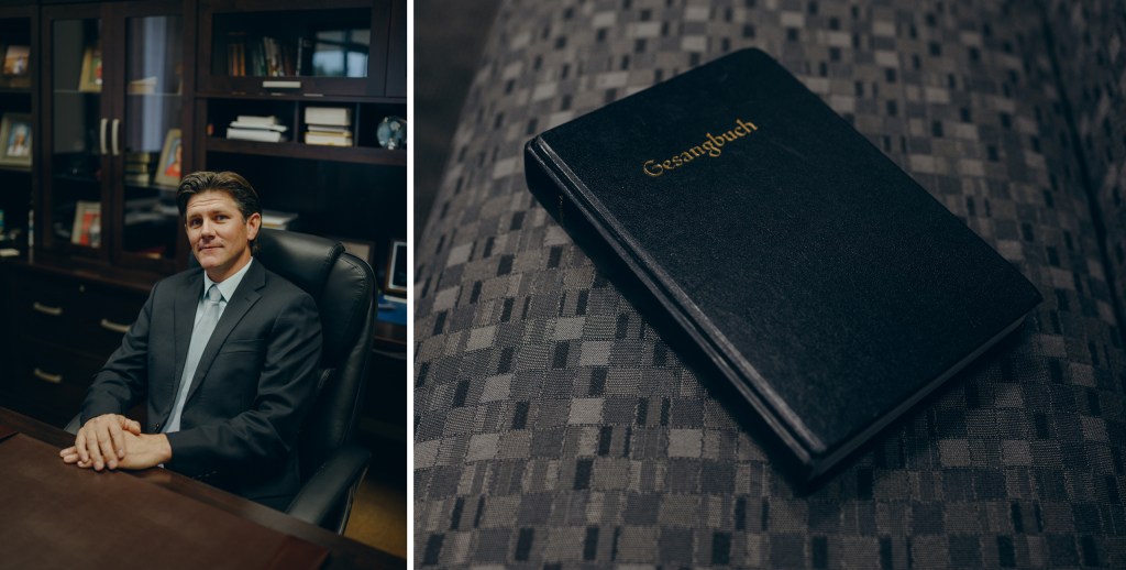 Left: Pastor Jake Fehr at the Mennonite Evangelical Church in Seminole on Nov. 30, 2025. Right: The German songbook at the Mennonite Evangelical Church in Seminole on Nov. 30, 2025.