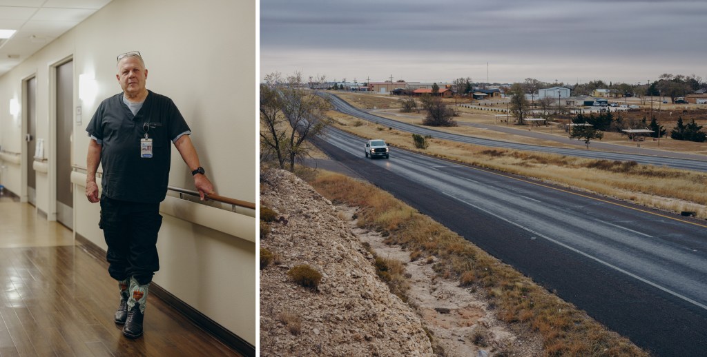 Left: Dr. Wendell Parkey of the Seminole Hospital District stand for a portrait in a hospital hallway on Nov. 29, 2025. Right: Highway 385 entering Seminole on Nov. 30, 2025.